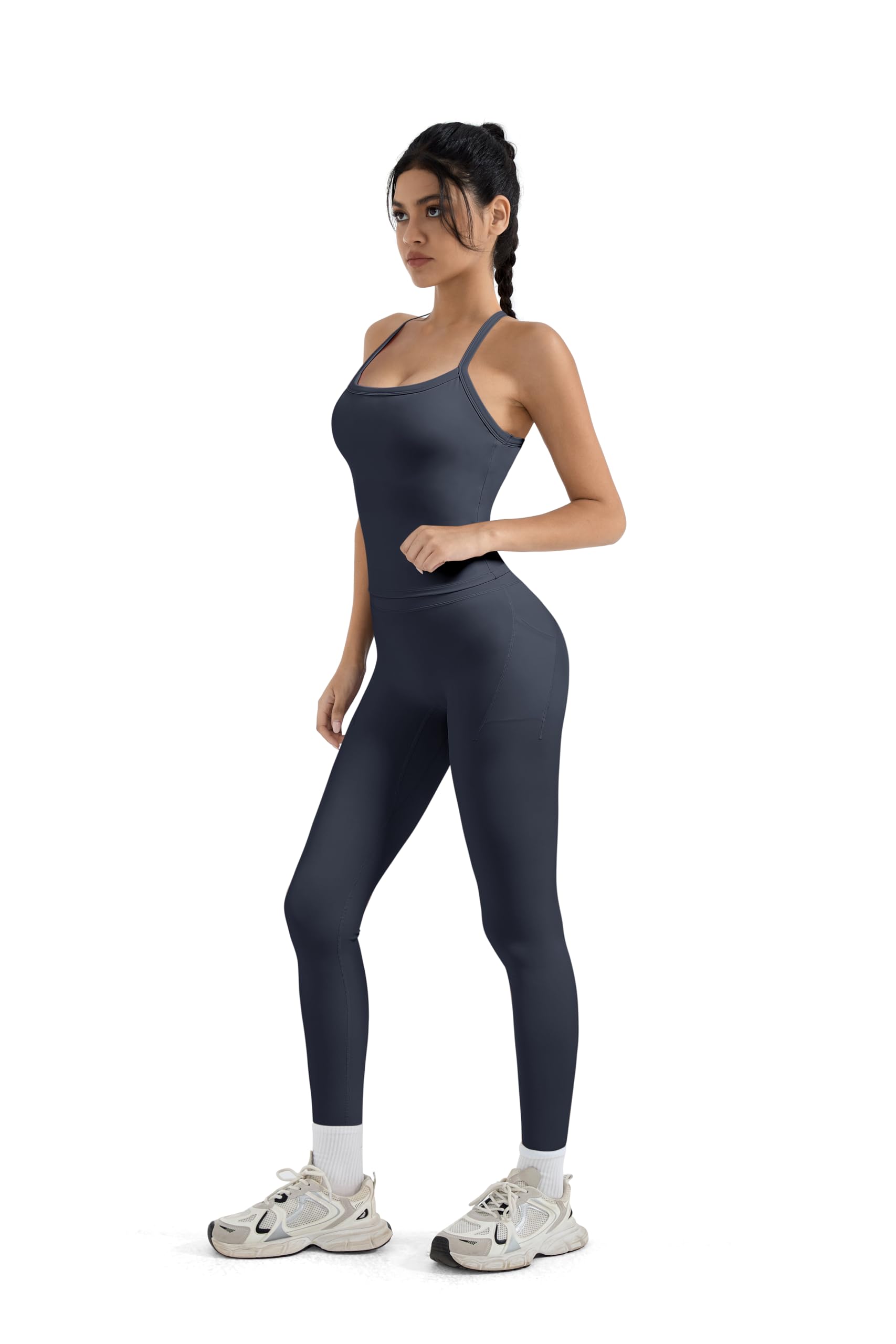 SUUKSESS Women 2 Piece Workout Sets Compression Tummy Control Leggings with Pockets Halter Built in Bra Tank Tops - Image 5