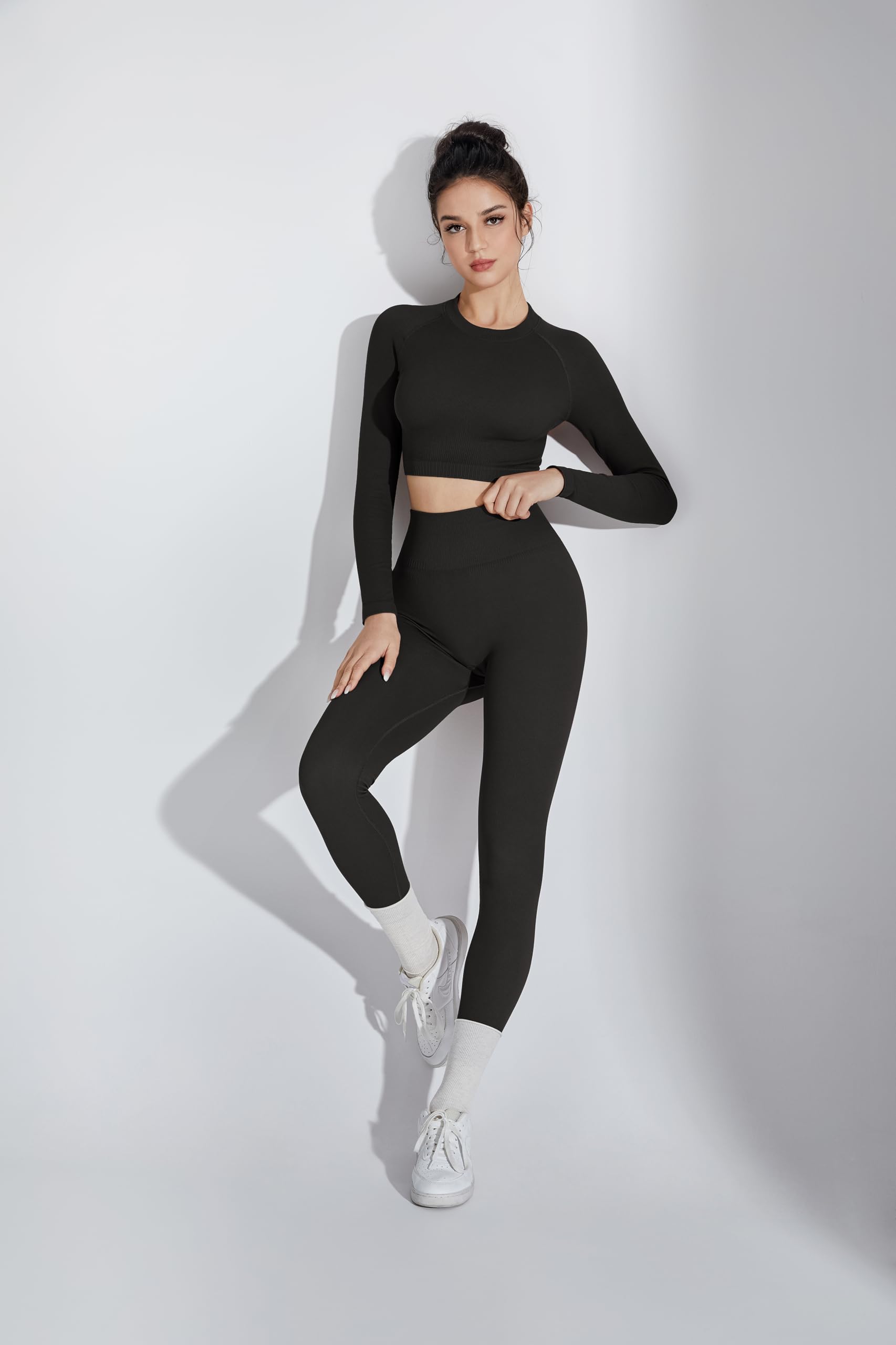 SUUKSESS Women 2 Piece Workout Sets Hidden Scrunch Hip Lifting Seamless Leggings Long Sleeve Yoga Crop Tops - Image 7