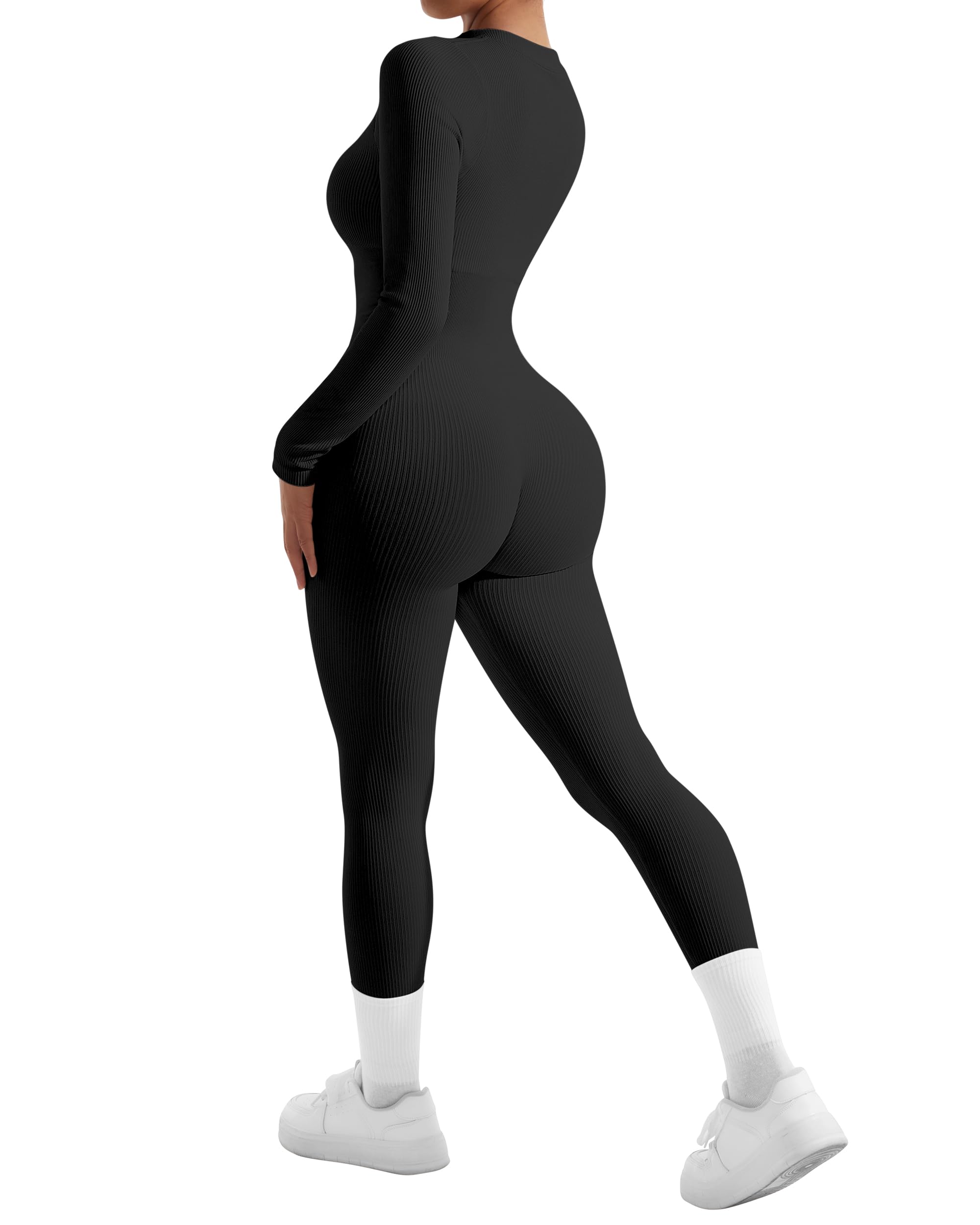 SUUKSESS Women Long Sleeve Ribbed Jumpsuit Zip up Front Workout Bodycon Romper - Image 6
