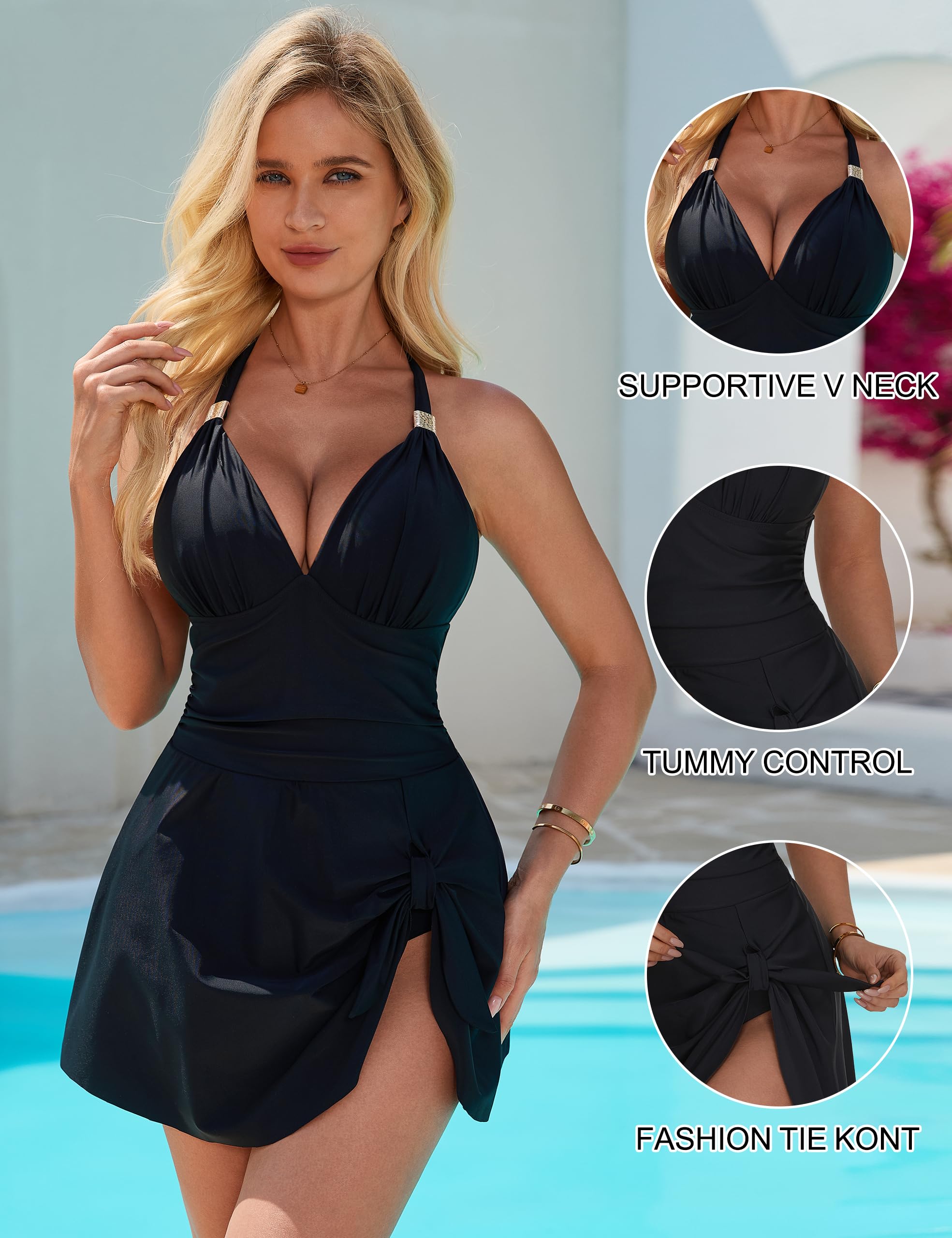 SUUKSESS Women One Piece Swim Dress Tummy Control Swimsuit Tie Knot Bathing Suit - Image 4