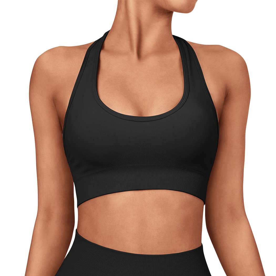 SUUKSESS Women Seamless Halter Sports Bra Open Back Padded Workout Crop Tank Tops - Image 3
