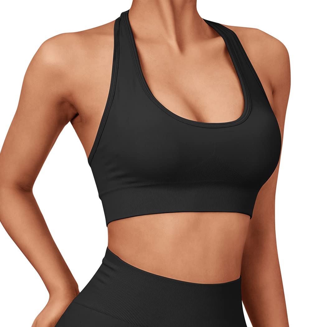 SUUKSESS Women Seamless Halter Sports Bra Open Back Padded Workout Crop Tank Tops - Image 4